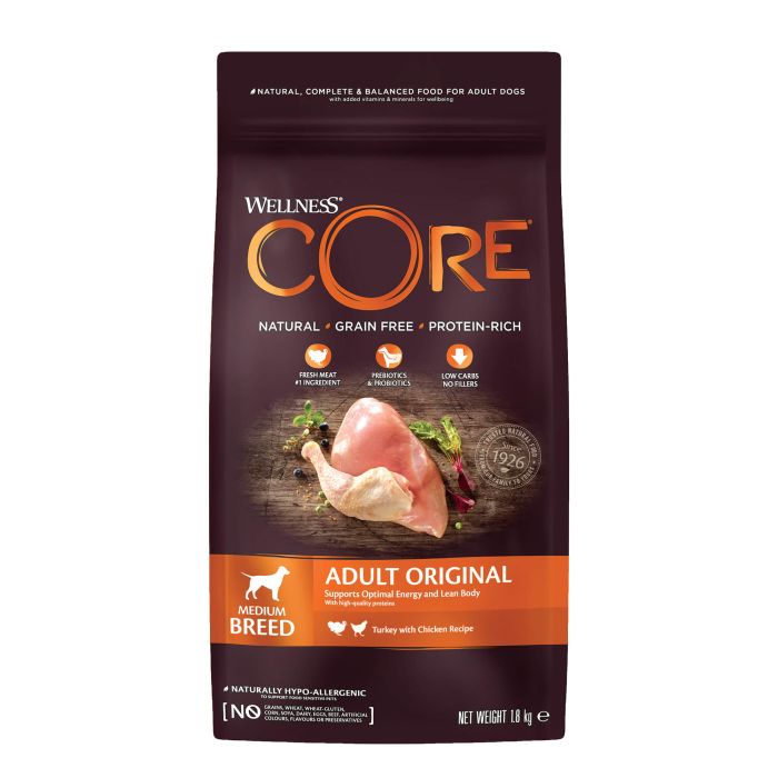Wellness Core Grain Free Adult Original Dinde & Poulet Medium Breed Pour Chien 1,8kg