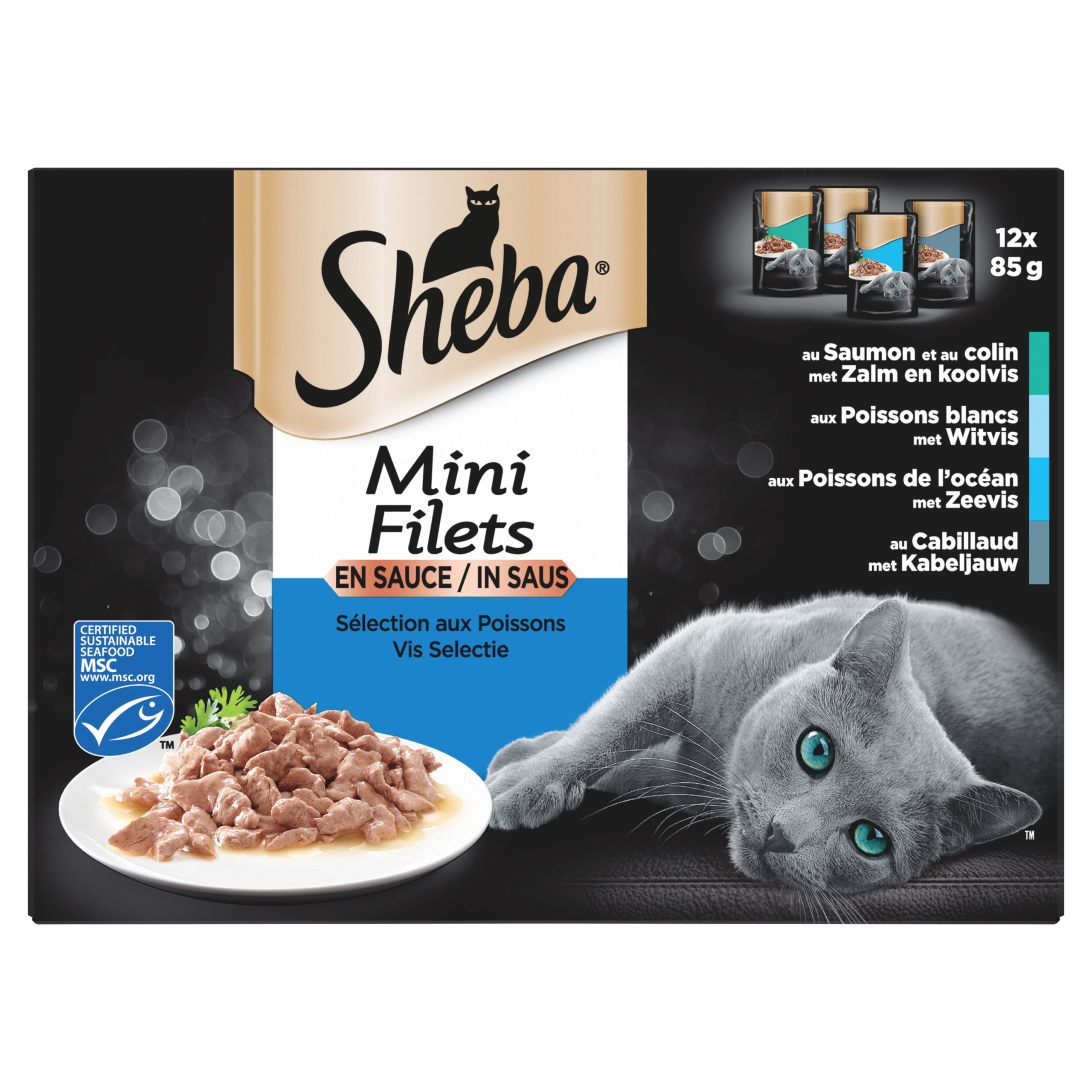 Sheba - Mini Filets Sachets en Sauce Fraîcheur Sélection aux Poissons pour Chats - 12x85g