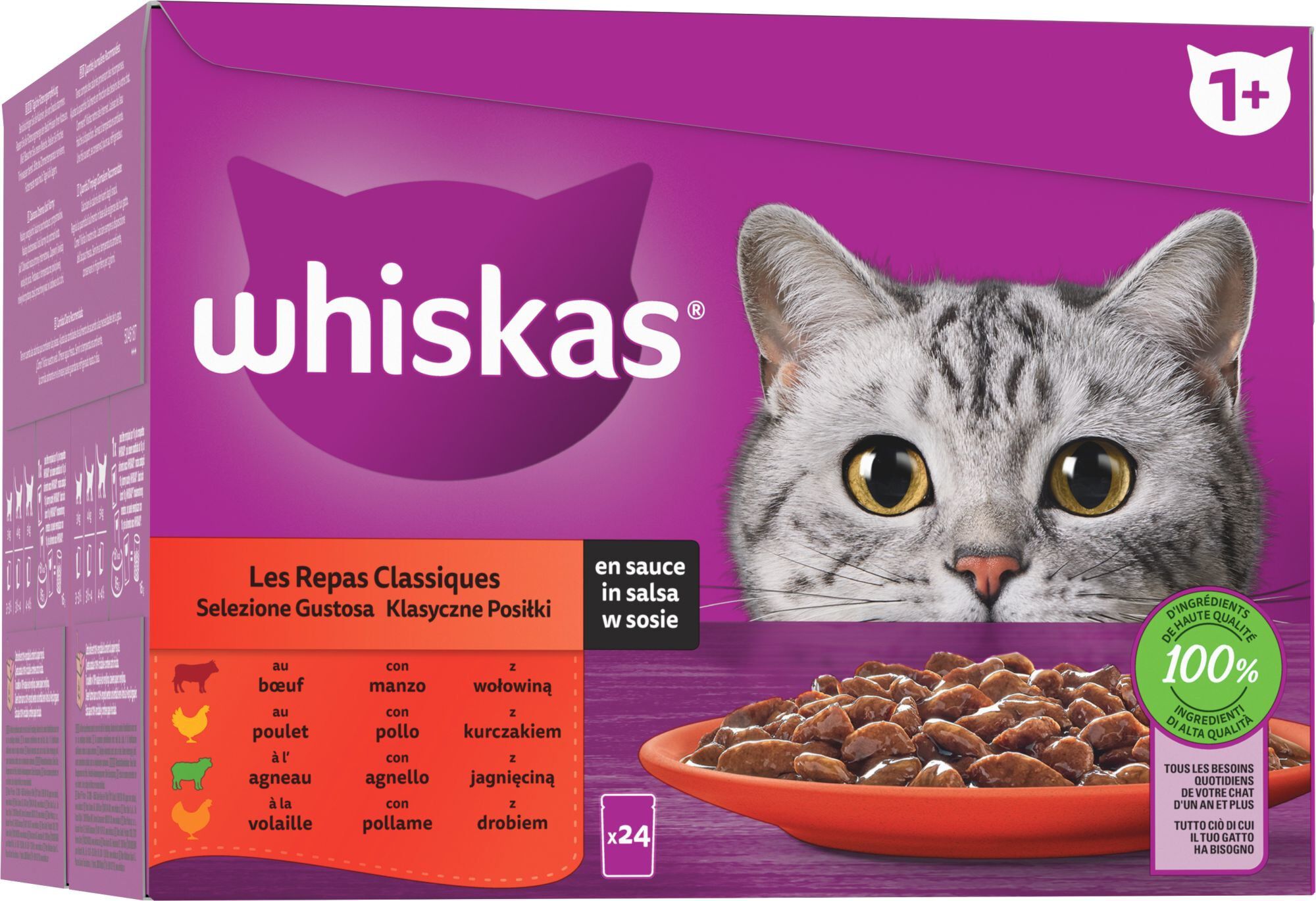Whiskas - Sachets Repas Classiques en Sauce à la Viande pour Chats - 24x85g
