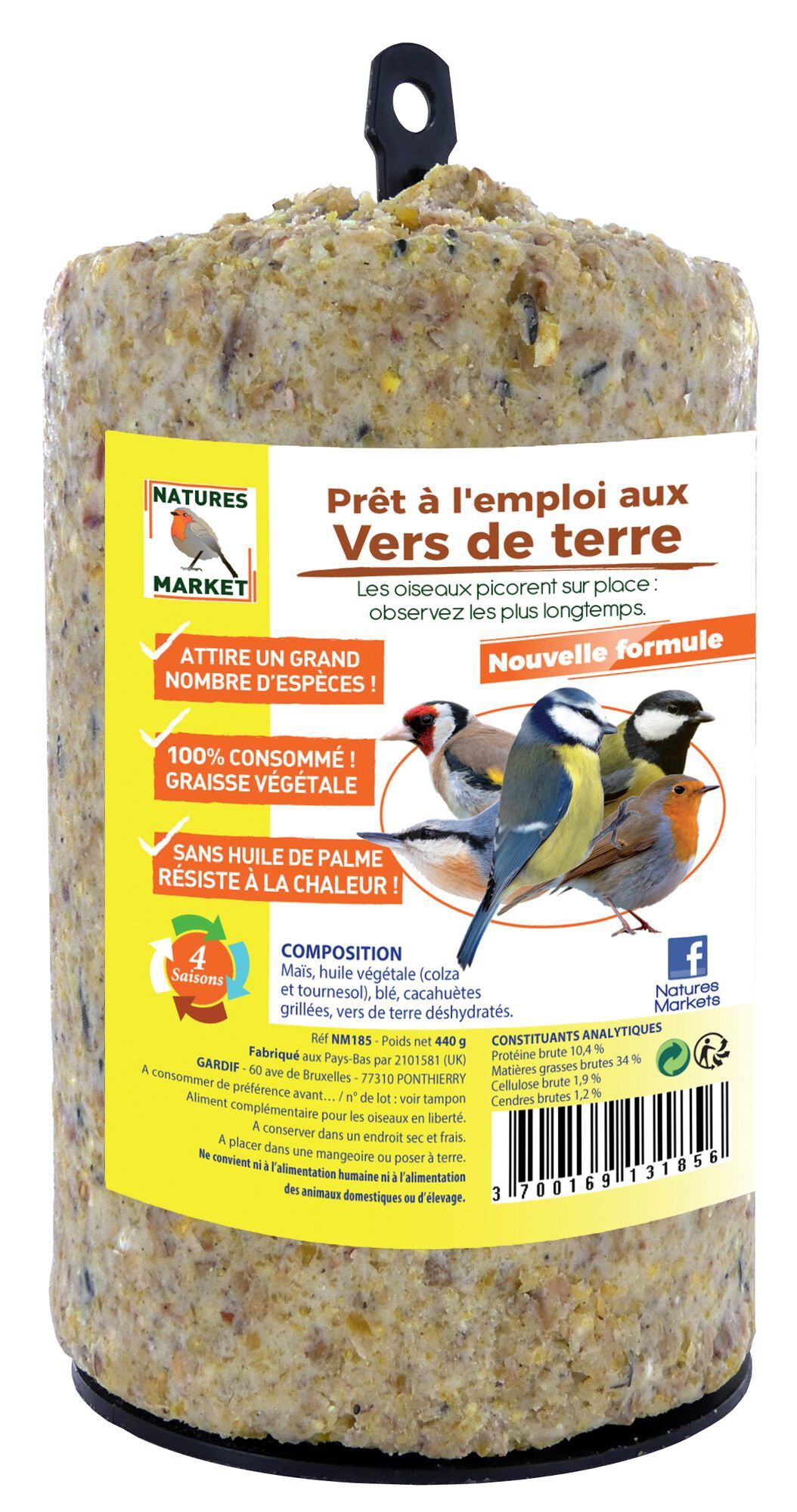 Natures Markets - Graisse Végétale aux Vers de Terre pour Oiseaux du Ciel - 440g