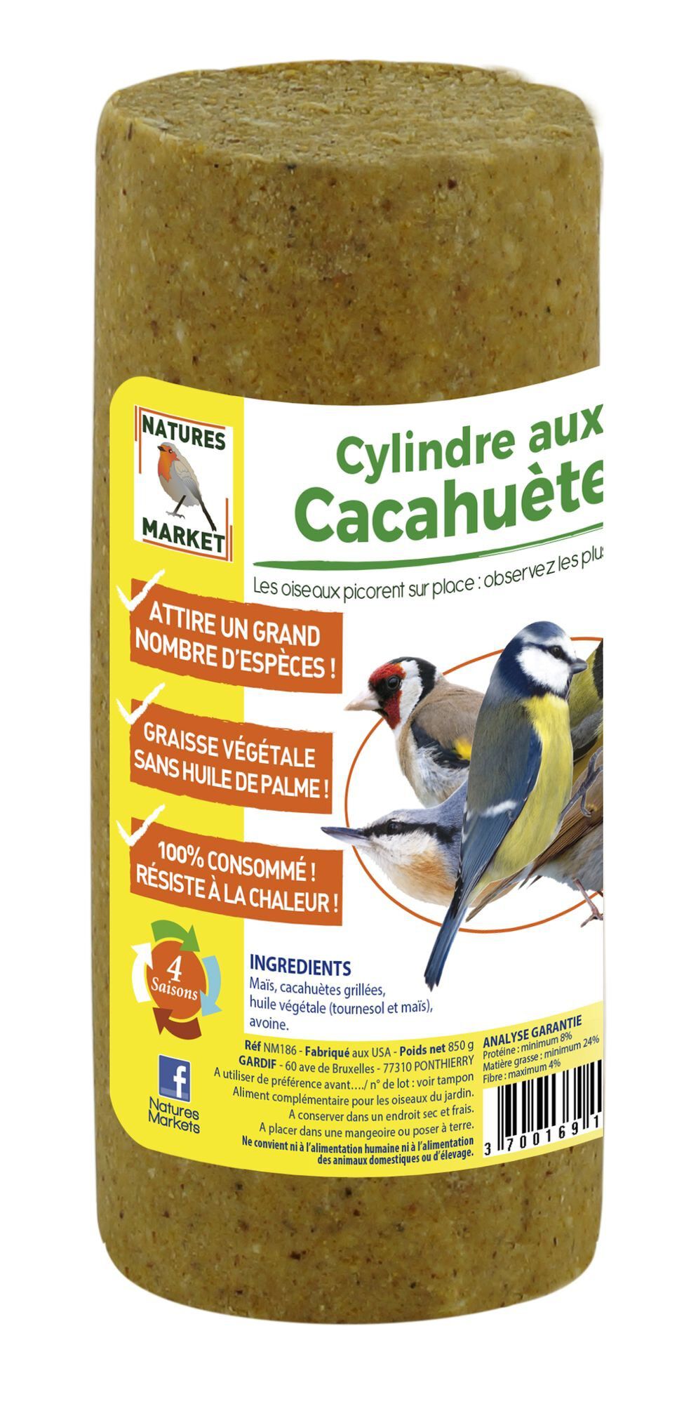Natures Markets - Cylindre Graisse Végétale aux Cacahuètes pour Oiseaux du Ciel - 850g