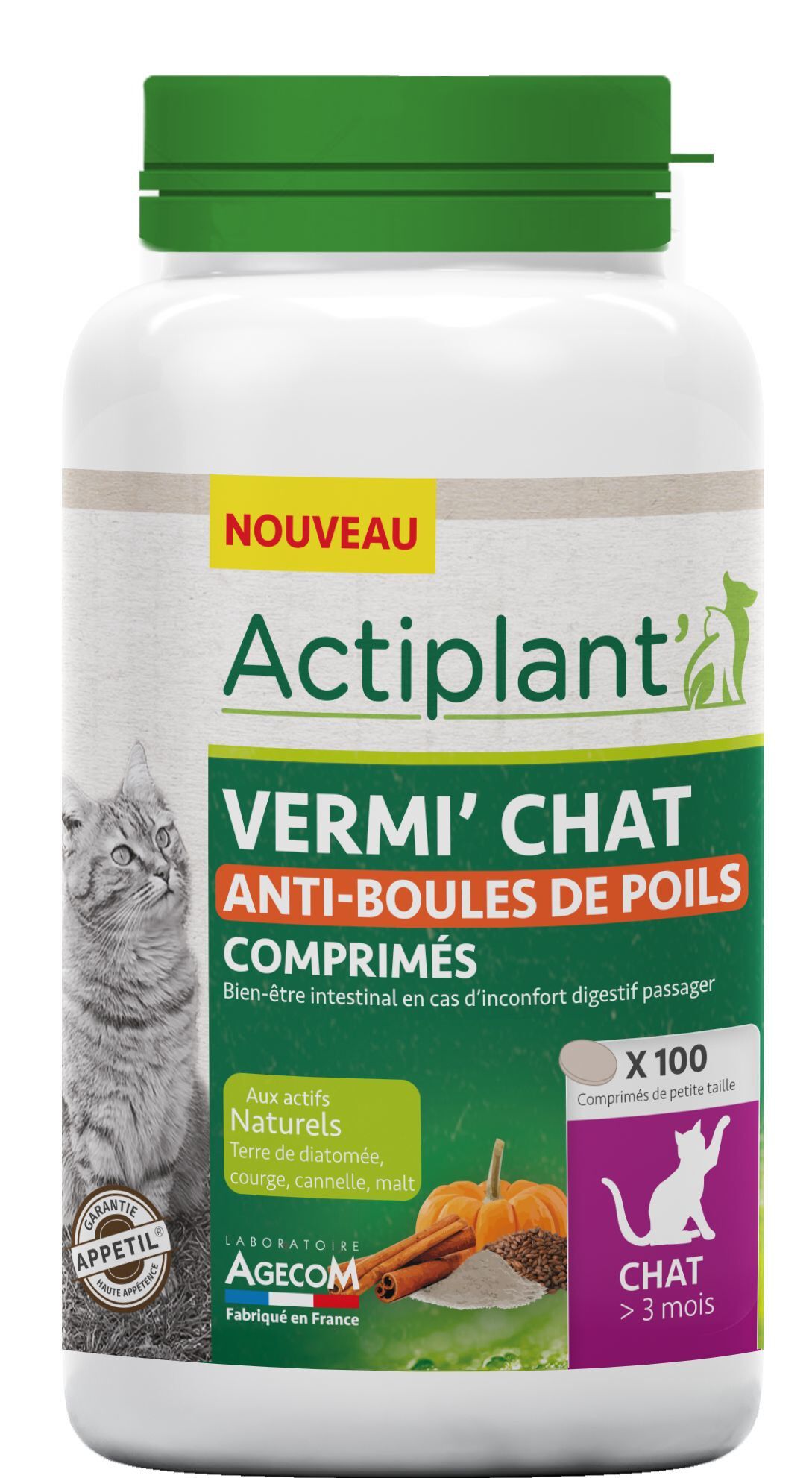 Actiplant' - Comprimés Vermi' Chat Anti Boules de poils pour Chat - x100