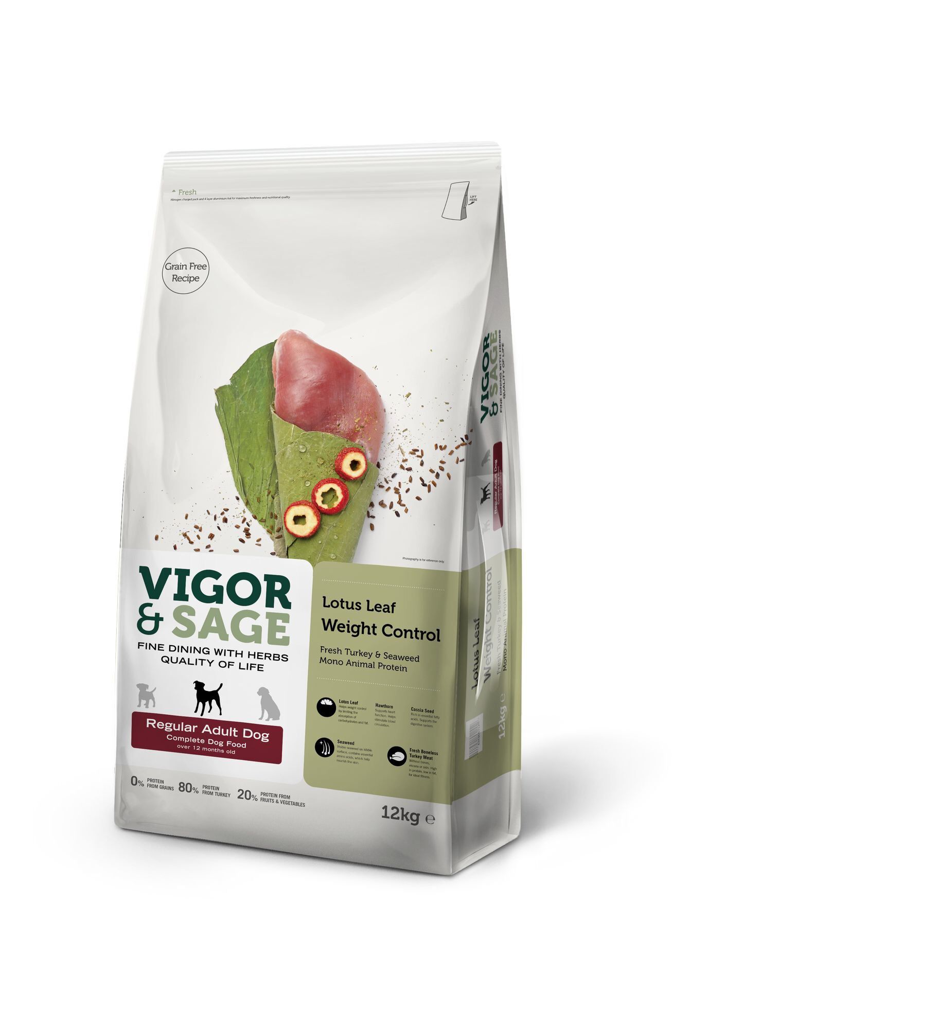 Vigor & Sage - Croquettes Dinde Fraîche et Algues Marines pour Chien Adulte - 12Kg