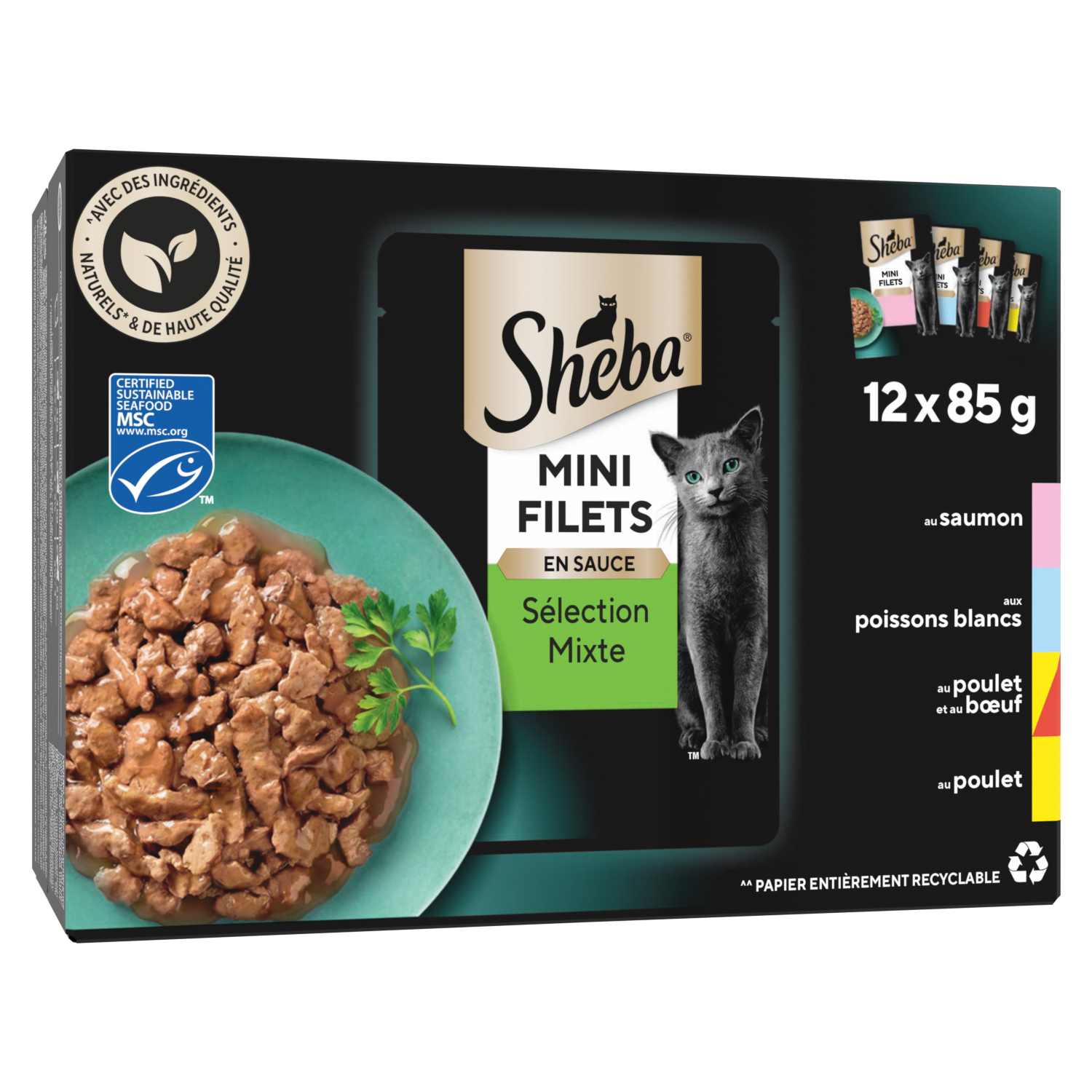 Sheba - Mini Filets en Sauce Sachets Fraîcheur Sélection Mixte 4 Variétés pour Chats - 12x85g