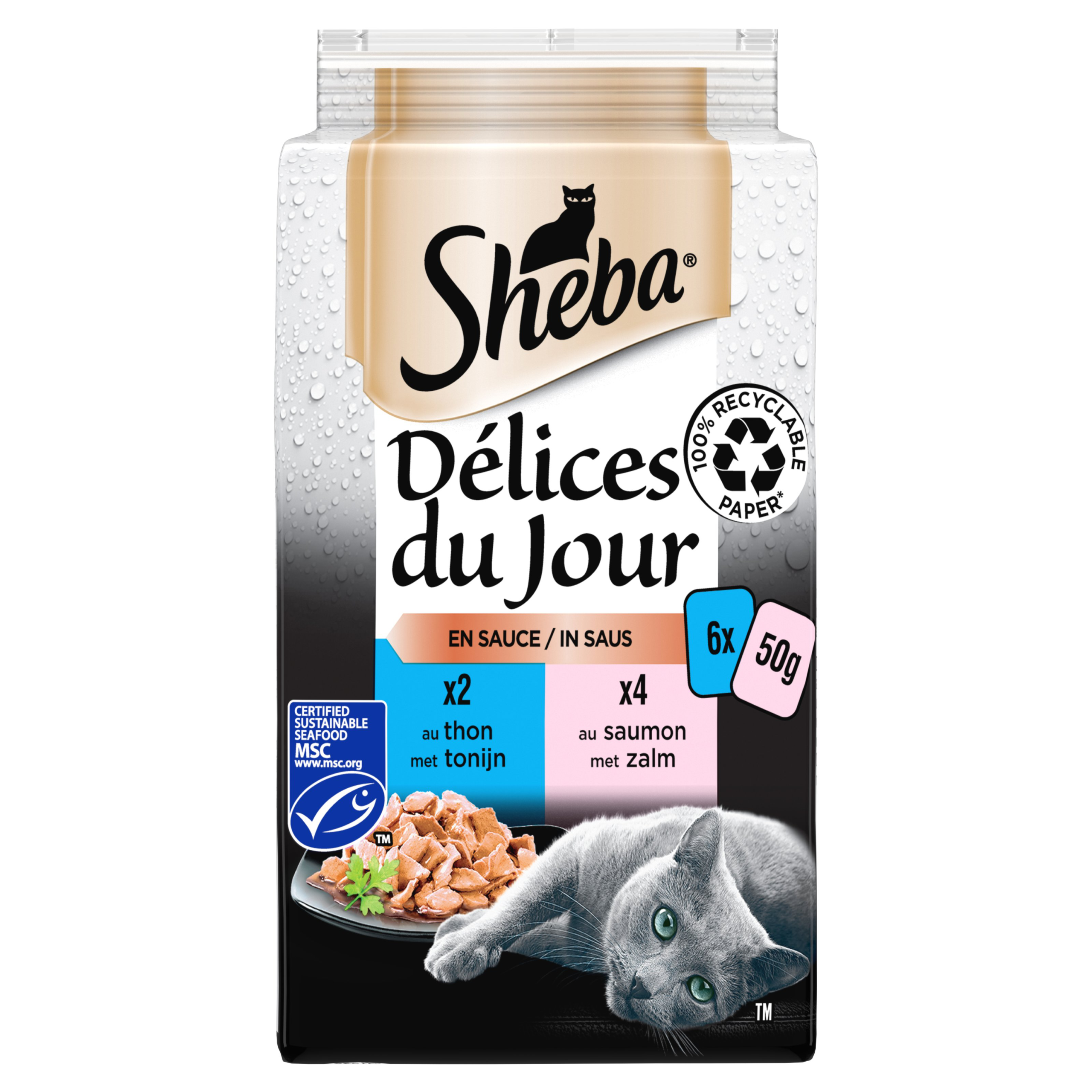 Sheba - Sachets Fraîcheurs Délices du Jour en Sauce Saumon et au Thon MSC pour Chats - 6x50g