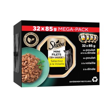 Sheba Mini Filets barquettes Coffret à la Volaille en sauce pour chat adulte 32x85g