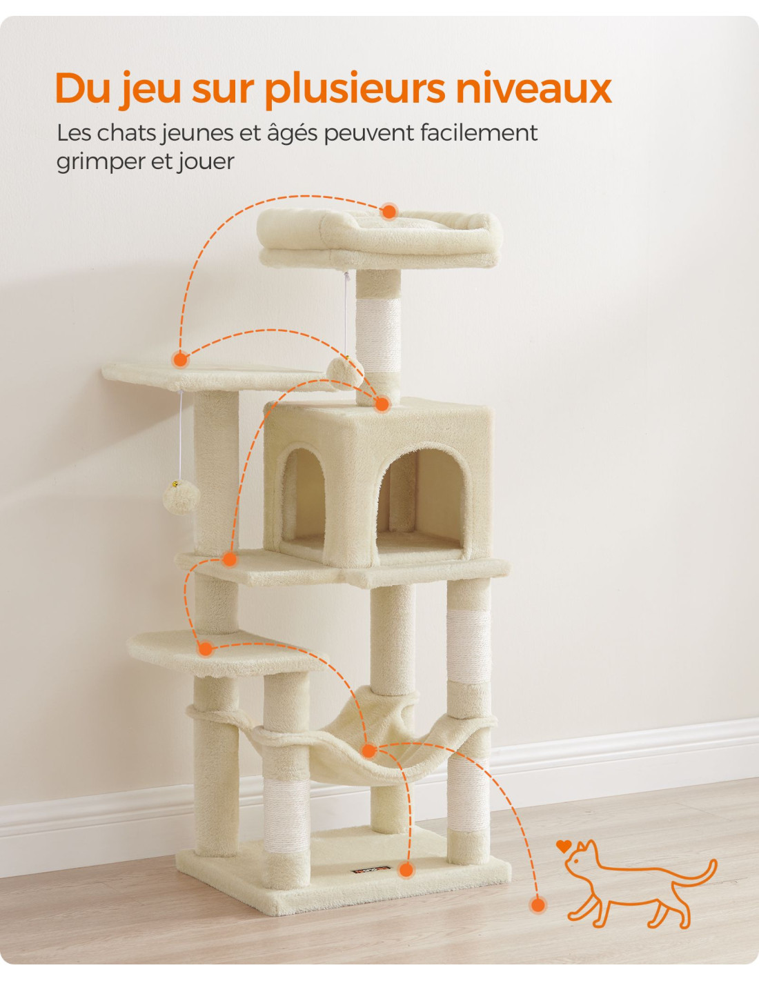 Arbre à chat 112 cm de hauteur tissu peluche multi-niveaux beige