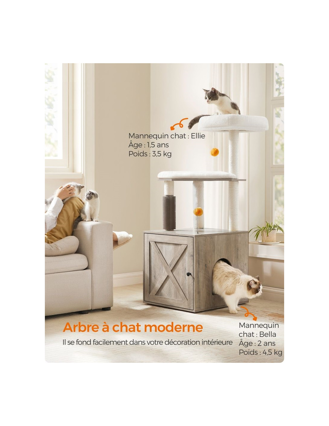 Arbre à Chat 134 cm avec Maison de Toilettes Grège pour Litière Niche pour Chat