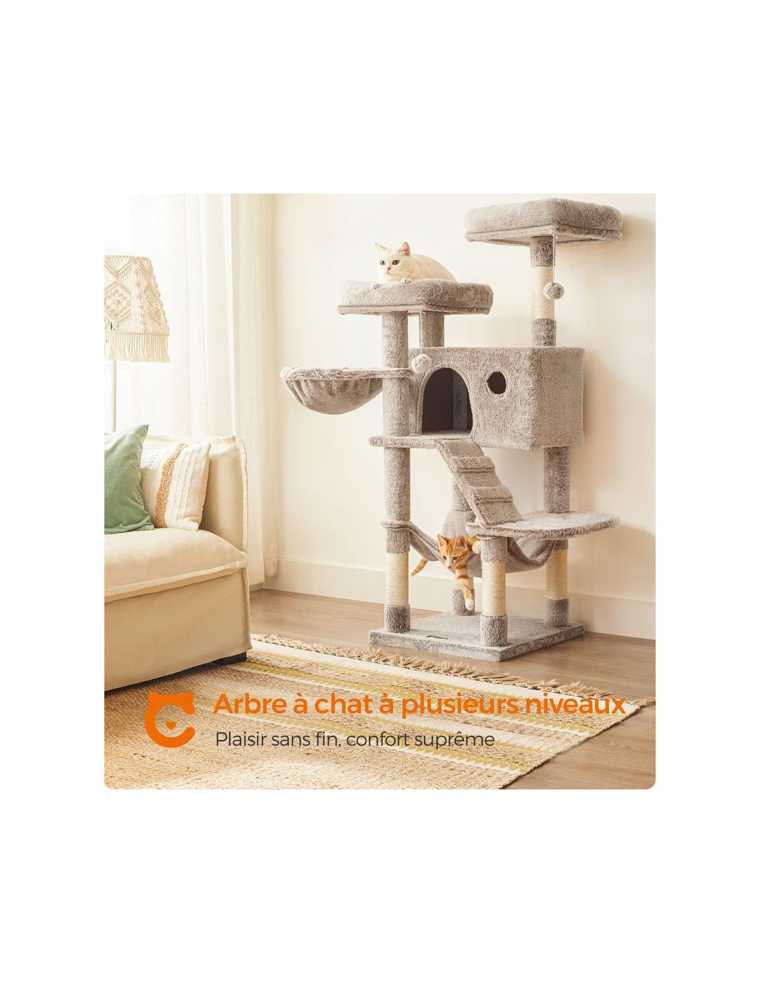 Arbre à Chat 135 cm Marron Clair Tour de Jeux avec Griffoir