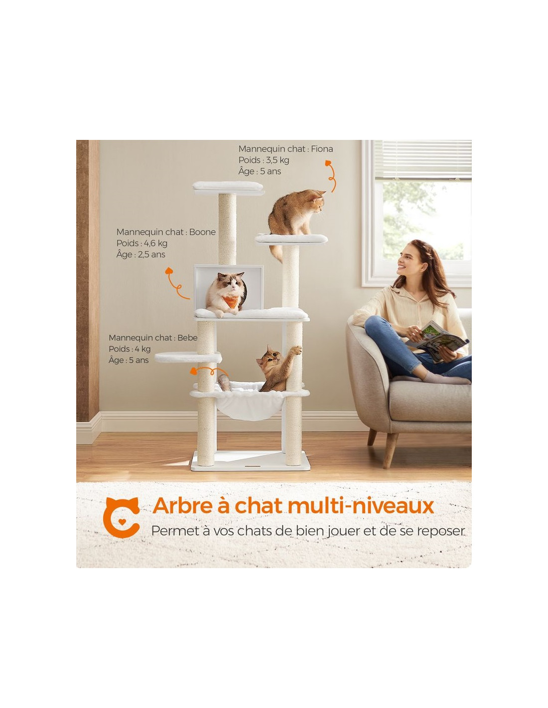 Arbre à Chat 138 cm avec Tour de Jeux Blanc avec Niche et Griffoir