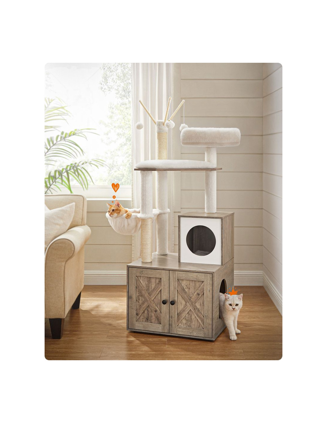 Arbre à Chat 140 cm avec Maison de Toilettes Grège