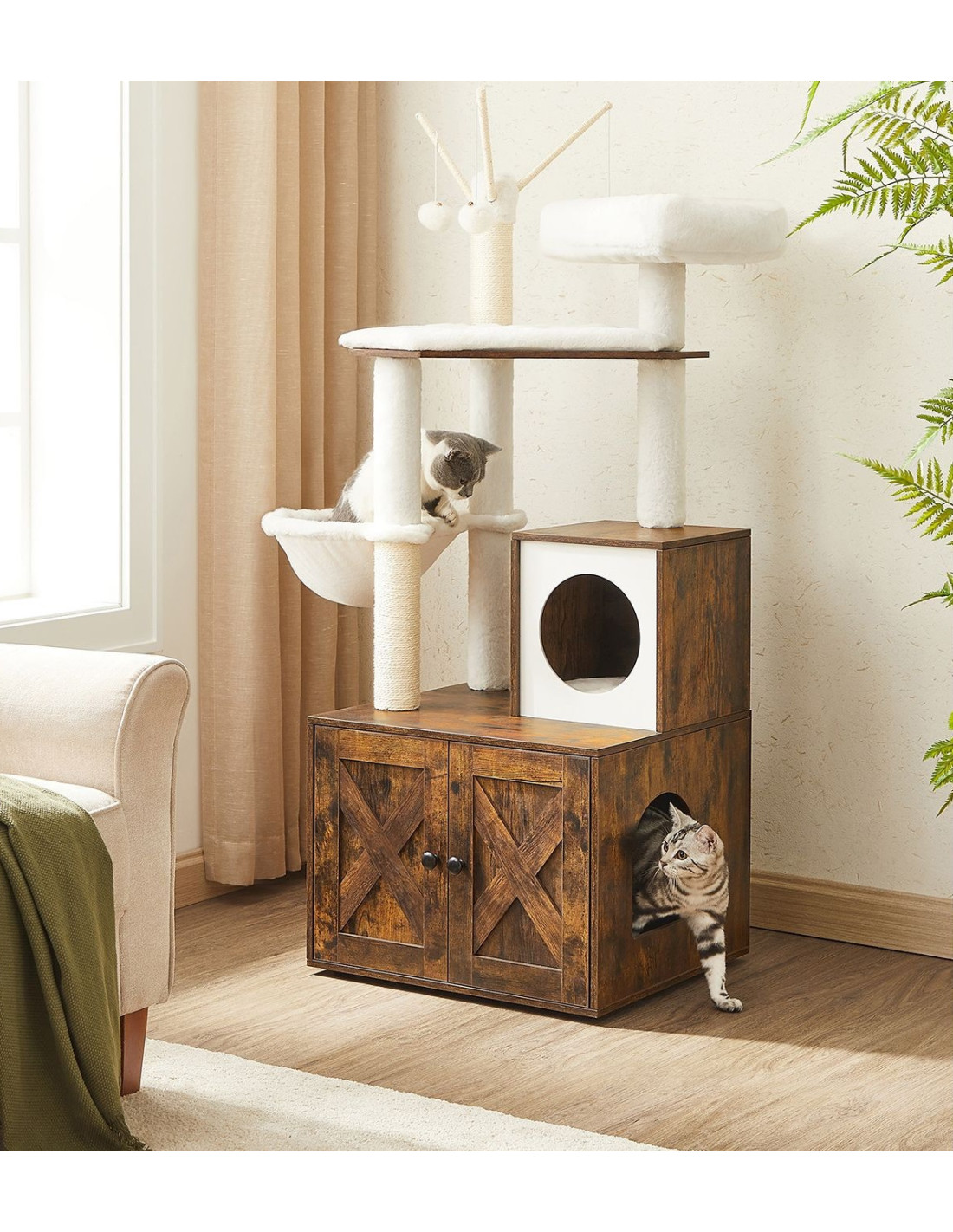 Arbre à Chat 140 cm Rustique avec Maison de Toilettes