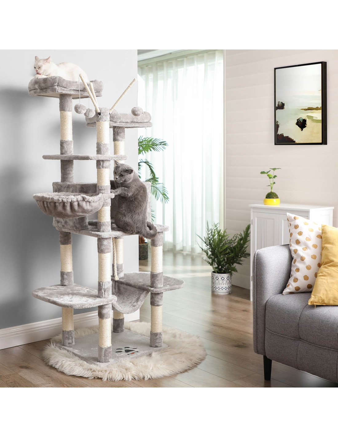 Arbre à Chat 164 cm Gris Clair Tour de Jeux Avec Niche Panier Griffoir
