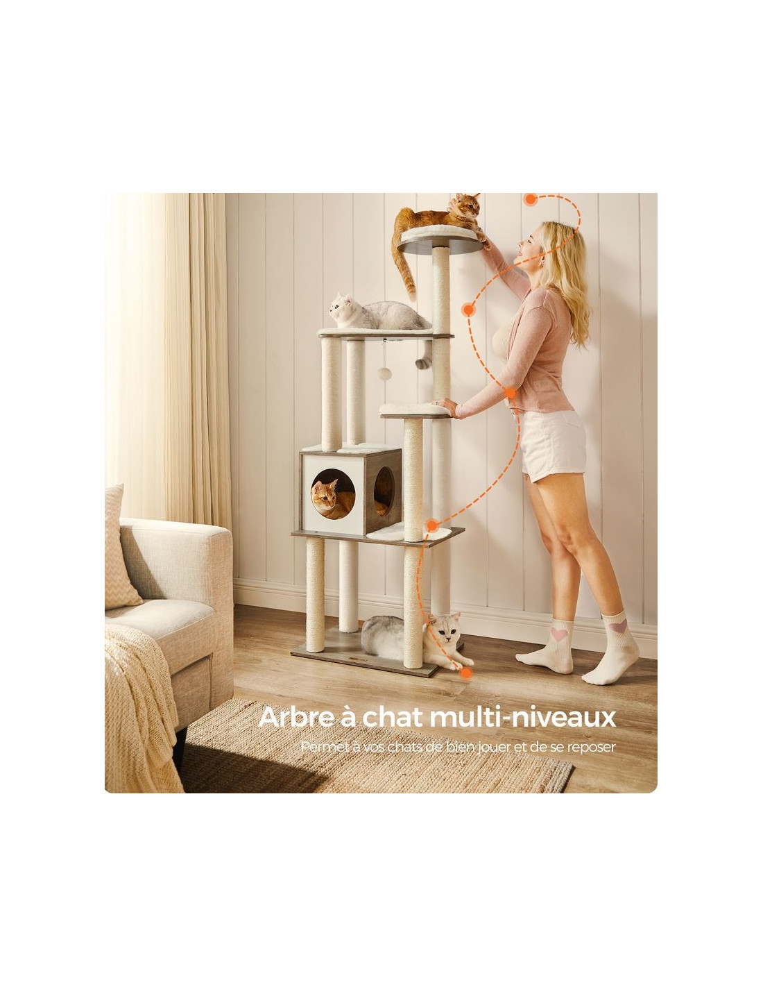 Arbre à Chat 165 cm Tour de Jeux Moderne 9 Griffoirs Grège Chiné