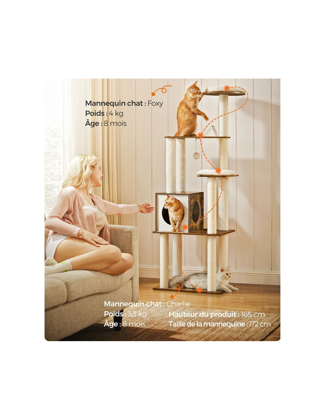 Arbre à Chat 165 cm Tour de Jeux Moderne Multi-niveaux Marron Rustique 5 Griffoirs 1 Niche