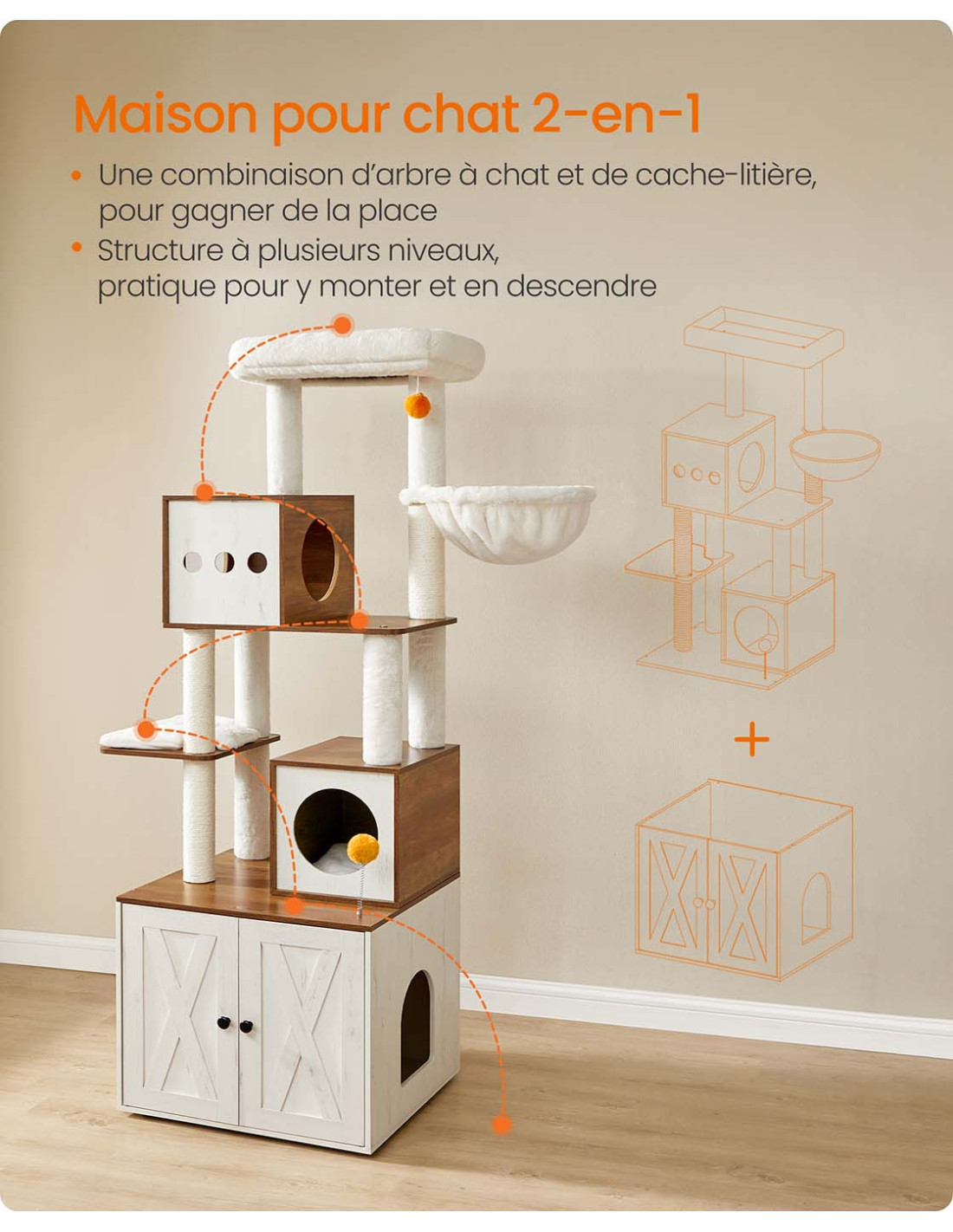 Arbre à chat 180 cm avec cache-litière niche plateforme marron miel et blanc rustique