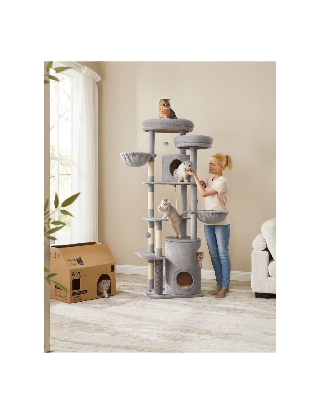 Arbre à Chat 196 cm Tour de Chat Tissu Peluche Gris Clair 2 Plateformes 3 Niches 2 Hamacs 4 Pompons