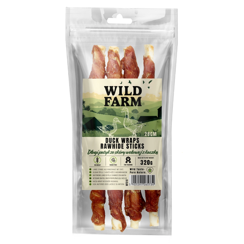 WILD FARM Long bâtonnet en peau de bœuf avec canard 28 cm 320 g friandise pour chien