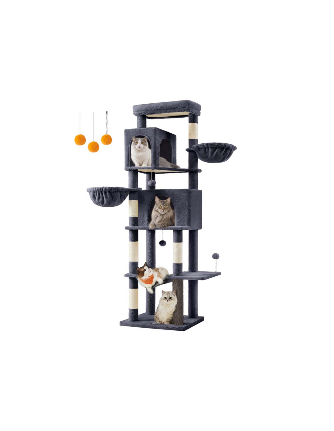 Grand arbre à chat de 190,7 cm de haut avec 2 niches 2 paniers 5 griffoirs gris foncé