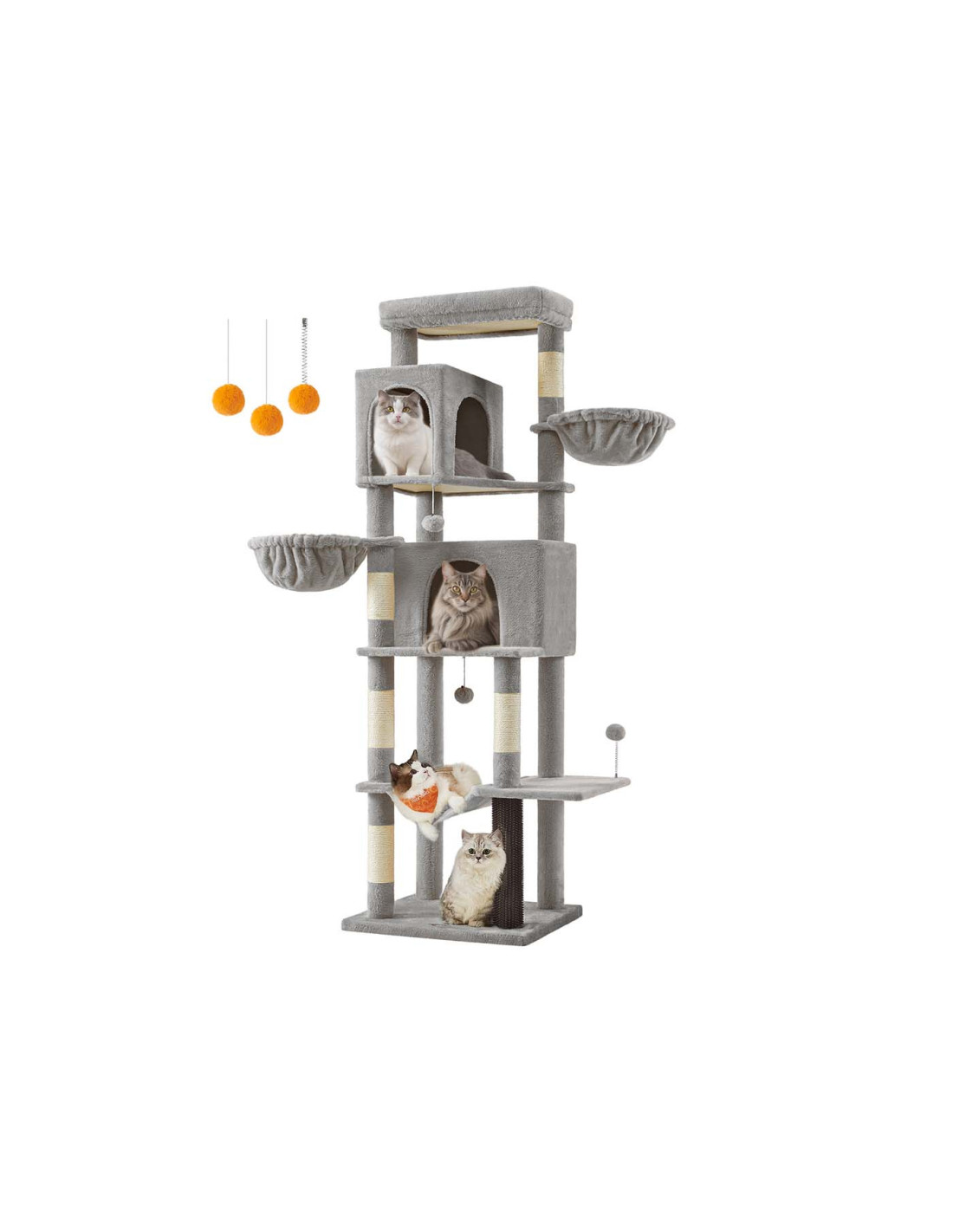 Grand arbre à chat de 190,7 cm de haut avec 2 niches 2 paniers 5 griffoirs gris tourterelle