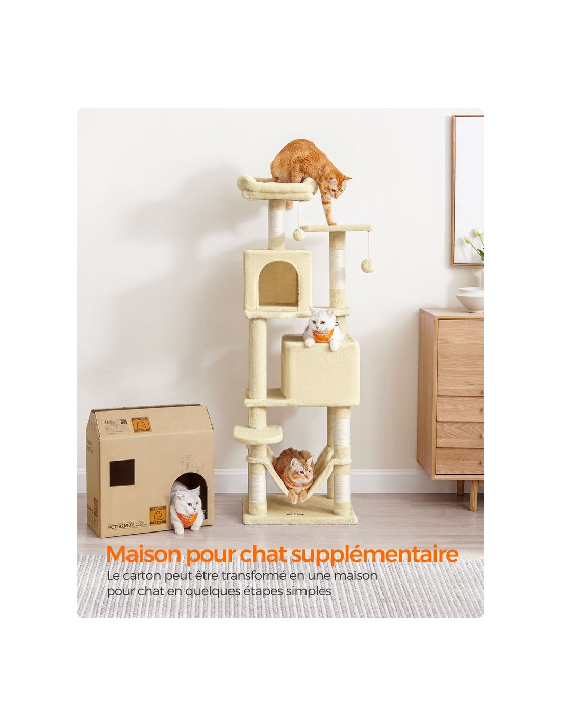 Tour de Jeu Chat Arbre à Chat 155 cm Tissu Peluche Multi-niveaux Beige