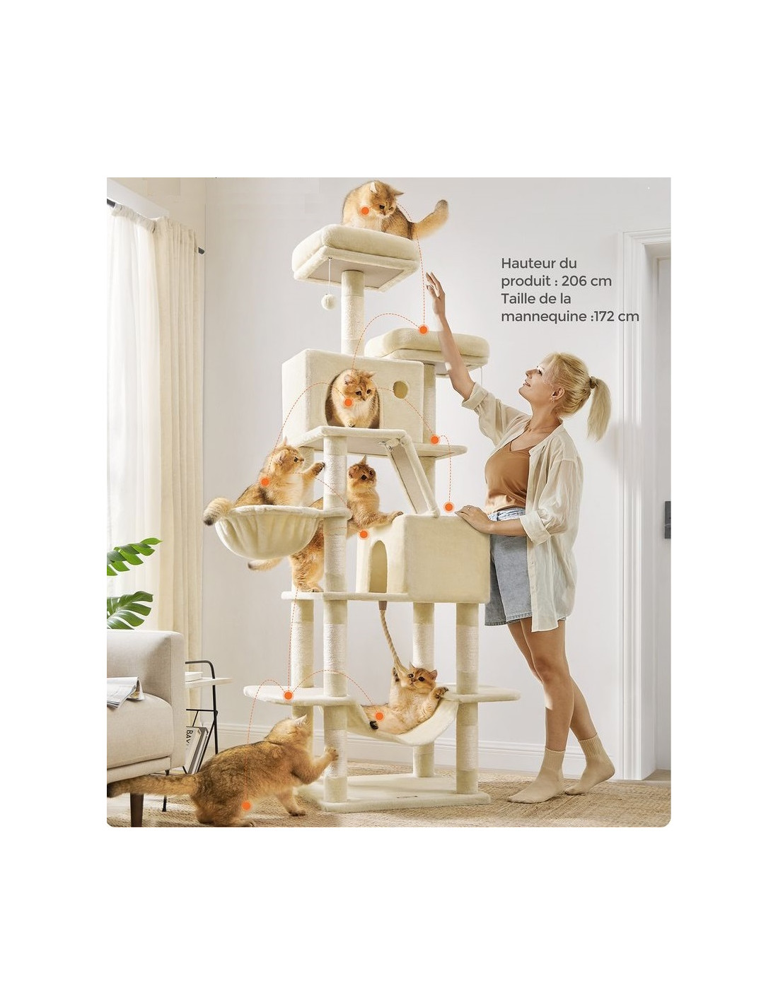 Tour de Jeu Chat Arbre à Chat 206 cm Beige avec Griffoir Niche Hamac