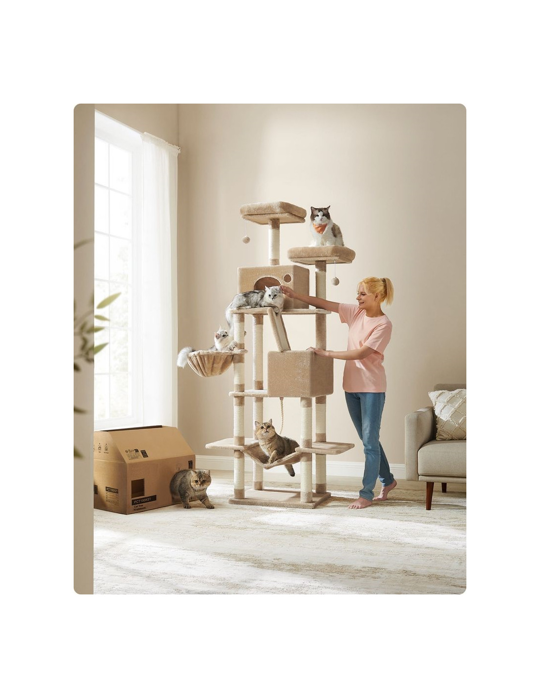 Tour de Jeu Chat Arbre à Chat 206 cm Multi-niveaux Tissu Peluche Marron Camel