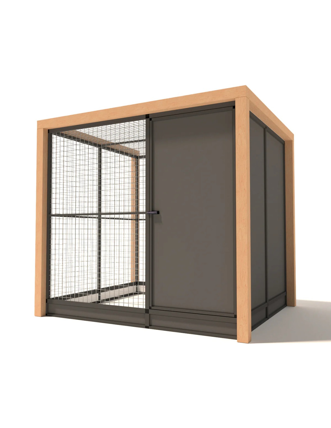 Volière Extérieure Alu Anthracite Bois Douglas SAS Fermé Abri en ACP 224 x 190 x 187 cm Mailles 50 x 50 x 3 mm avec Plinthes