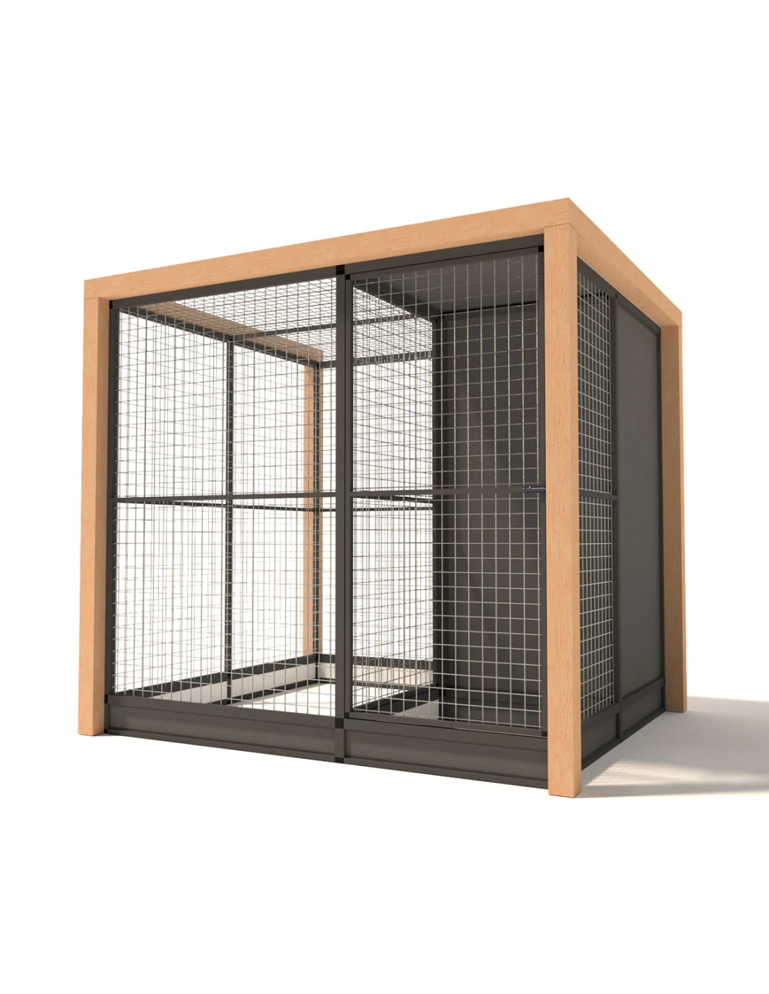 Volière Extérieure Alu Anthracite Bois Douglas SAS Maille Abri en ACP 224 x 190 x 187 cm Mailles 50 x 50 x 3 mm avec Plinthes