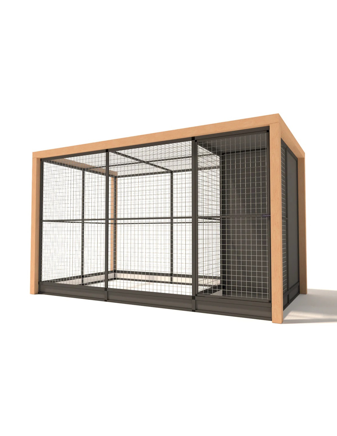Volière Extérieure Alu Anthracite Bois Douglas SAS Maille Abri en ACP 345 x 190 x 187 cm Mailles 50 x 50 x 3 mm avec Plinthes